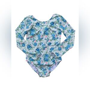 SweetHoney Size 12 Years White with Blue Flowers Ruffle Leotard